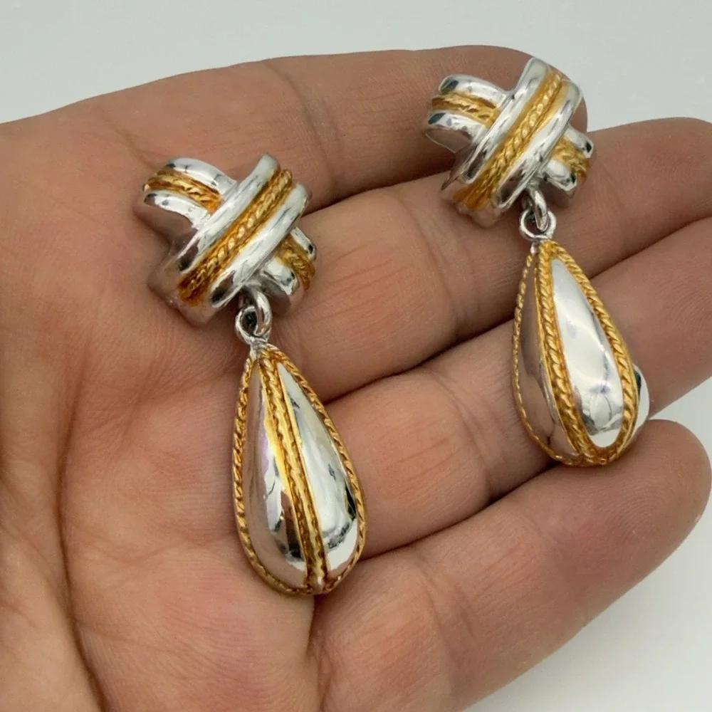 Vtg X Drop Silver Gold Tone Rope Teardrop Dangle Earrings Designer PD Nice